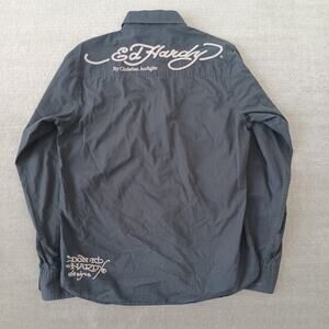 Ed Hardy Button Down Shirt Mens S Black Embroidered Logo Y2K Slim Casual Vegas